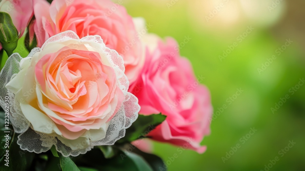 Beautiful pink and white roses with delicate lace in a vibrant green garden background Beautiful pink and white roses with delicate lace in a vibrant green garden background