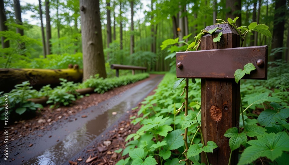Forest trail with wooden marker surrounded by lush greenery after rain Forest trail with wooden marker surrounded by lush greenery after rain