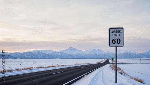 Snowy road scene with speed limit sign and mountains in the background at sunset