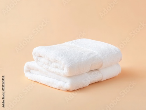 Towel Mockup Concept. Soft, folded white towels placed on a warm peach background, creating a clean and inviting aesthetic for bathroom or spa settings. photo