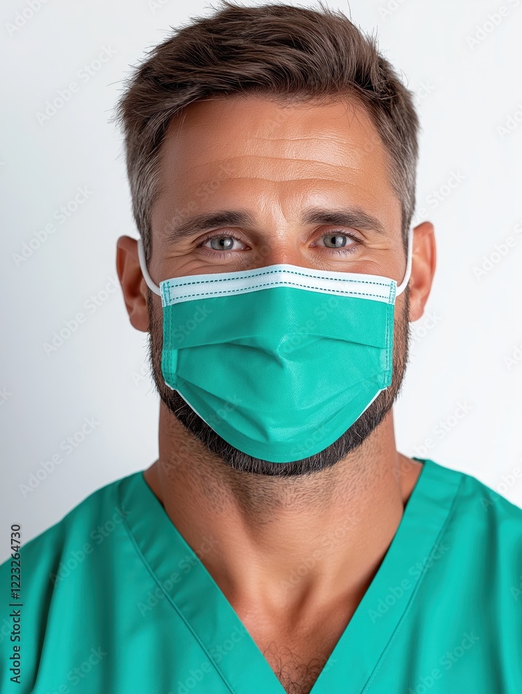 Focused male surgeon in scrubs and surgical mask on isolated white background during a medical procedure preparation Focused male surgeon in scrubs and surgical mask on isolated white background during a medical procedure preparation