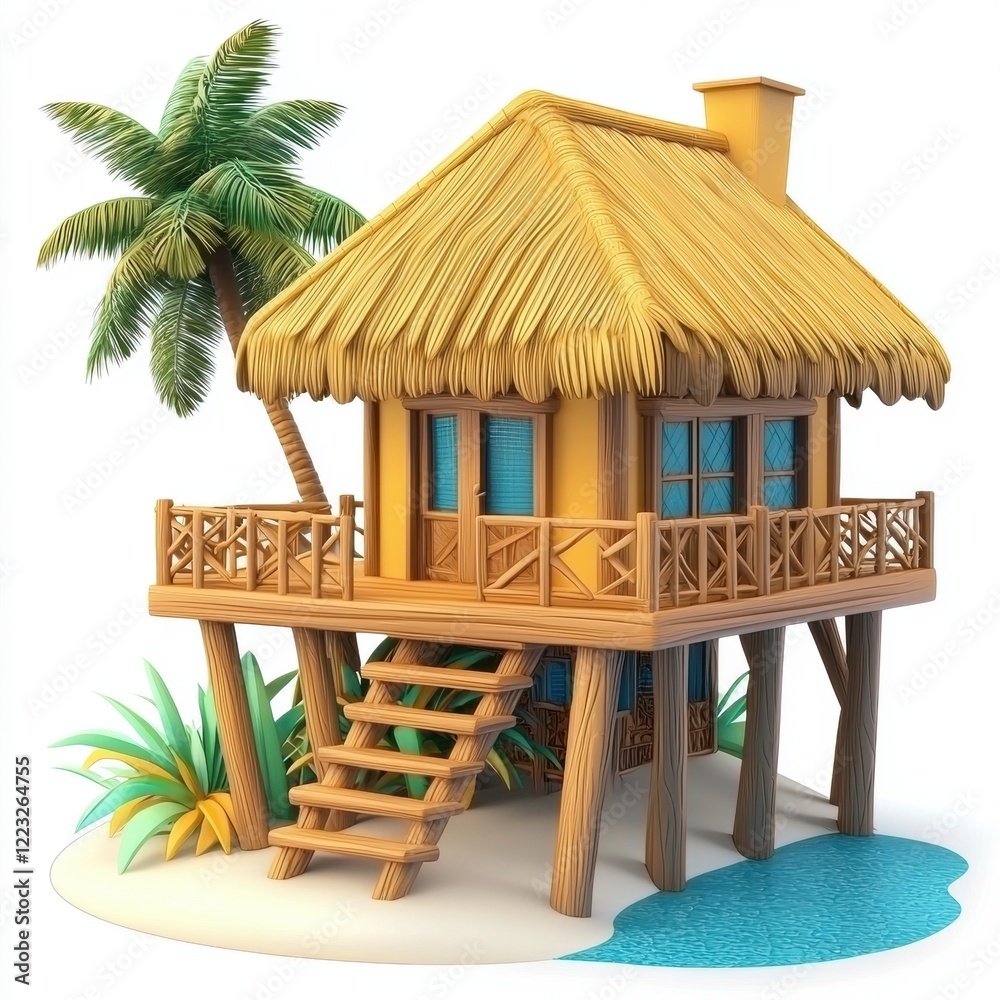 Fototapeta premium 3D icon cartoon tropical resort bungalow, isolated on a white background 