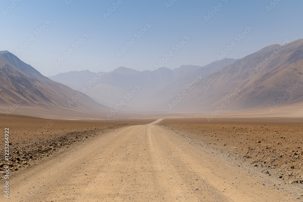 Wide Desert Road Stretching Towards Distant Mountains in Clear Blue Sky Wide Desert Road Stretching Towards Distant Mountains in Clear Blue Sky