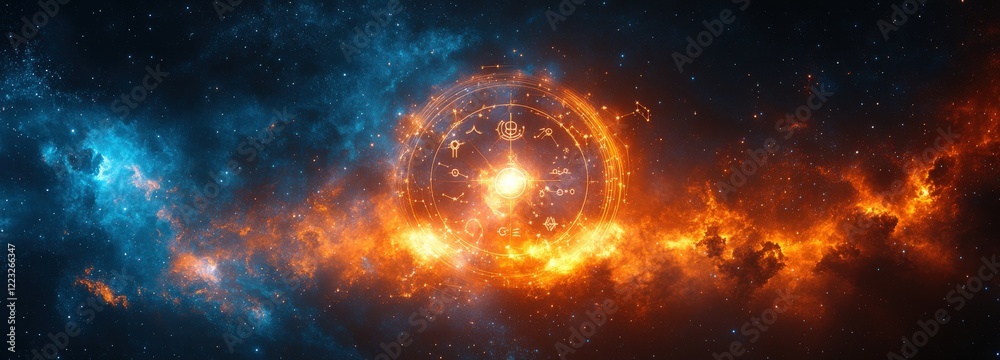 Obraz premium Cosmic orb with zodiac signs glowing amid a deep blue starry backdrop
