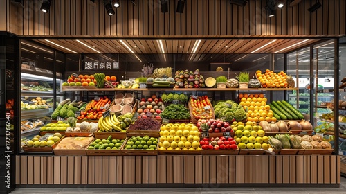 Fresh Organic Fruits and Vegetables Display in Modern Grocery Store