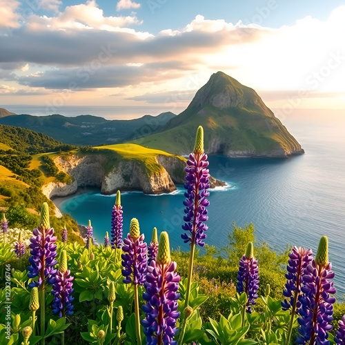 Beautiful summer landscape with a stunning morning view of a cape and mountain, accompanied by blooming lupine flowers. photo