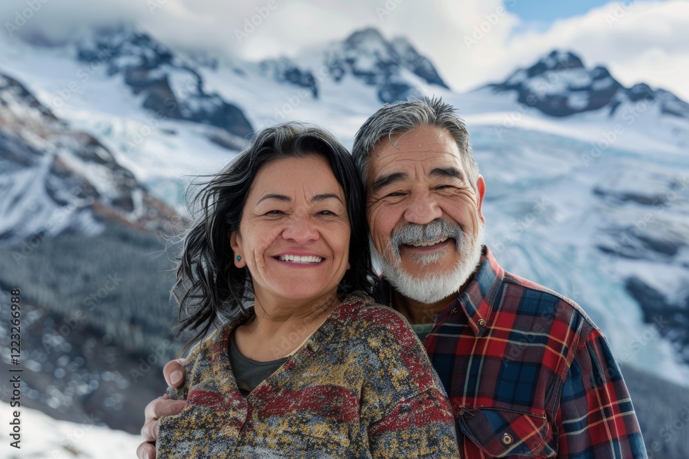 Portrait of a joyful latino couple in their 70s dressed in a relaxed flannel shirt on snowy mountain range Portrait of a joyful latino couple in their 70s dressed in a relaxed flannel shirt on snowy mountain range