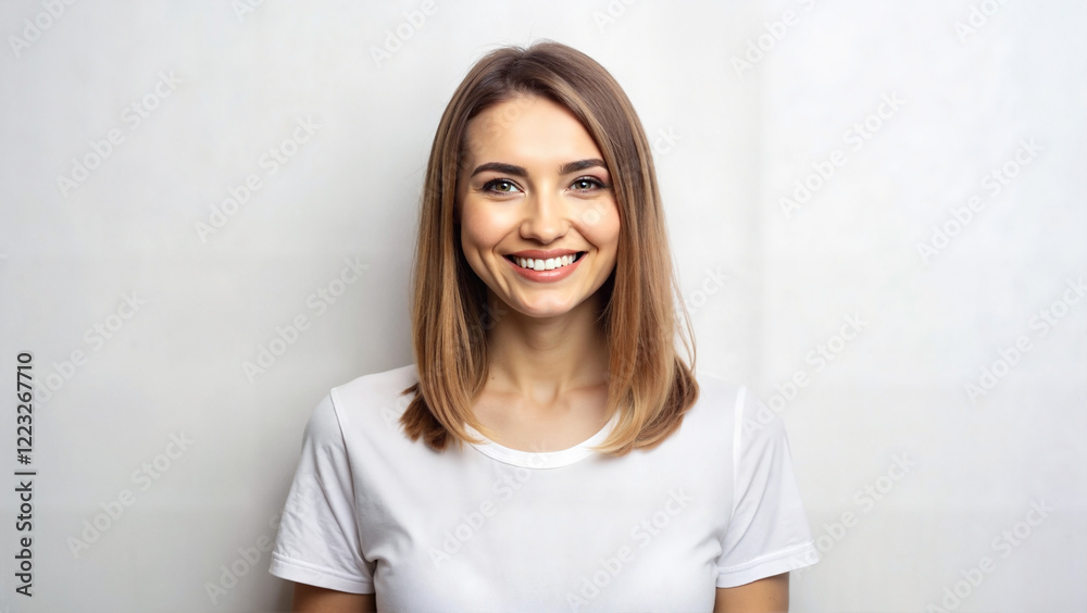 Smiling young woman with straight hair in casual white t-shirt Smiling young woman with straight hair in casual white t-shirt