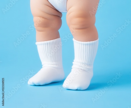 Socks Mockup Concept. Baby legs in white socks on a blue background, showcasing softness and cuteness, perfect for child-related themes. photo