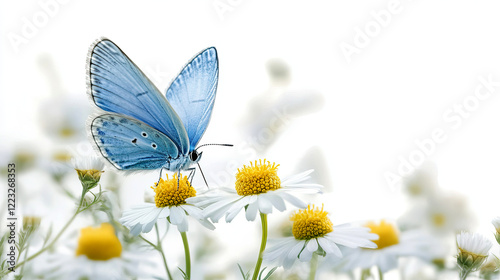 Fototapeta Naklejka Na Ścianę i Meble -  Delicate Blue Butterfly Resting on Daisy Flower in Bright Natural Light