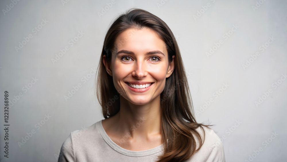Smiling brunette woman in casual white shirt Smiling brunette woman in casual white shirt