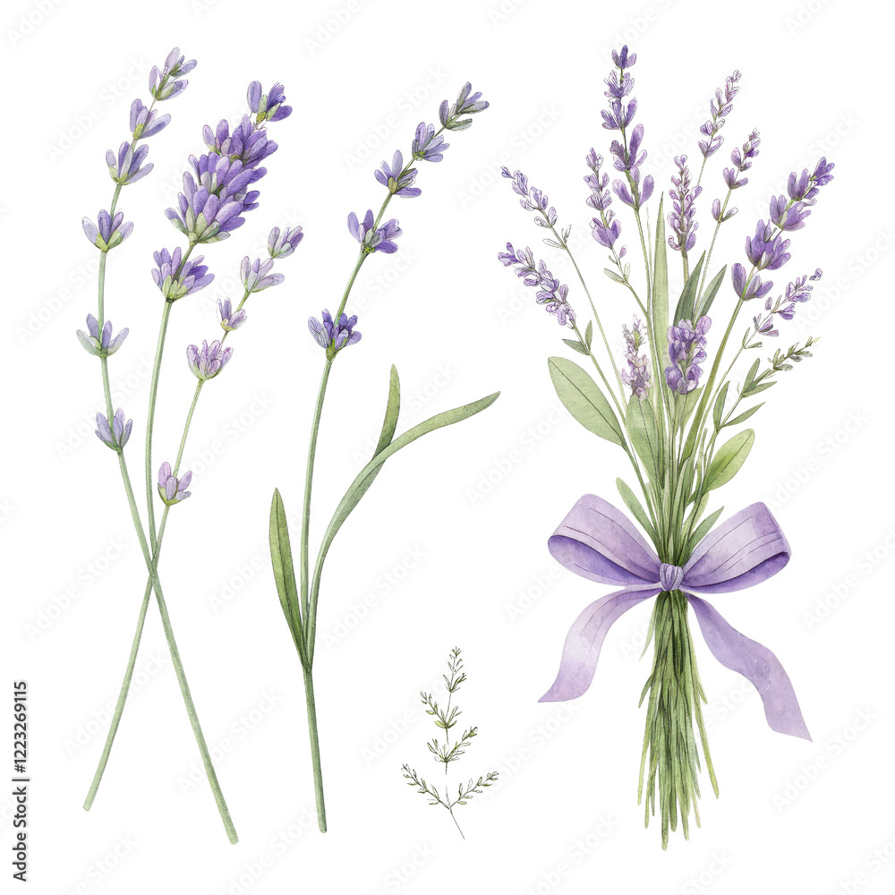 Naklejka premium Watercolor Lavender Floral Composition Bouquet, Stems and Sprigs, Isolated on Transparent Background, Lavender Clipart, Botanical Illustration, Lavender, Watercolor, Floral