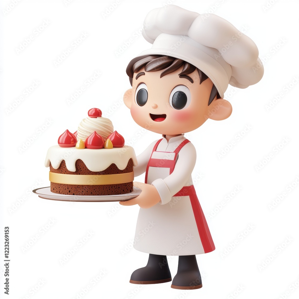 3D icon cartoon of a cartoon baker presenting a cake, isolated on a white background --quality 2 3D icon cartoon of a cartoon baker presenting a cake, isolated on a white background --quality 2