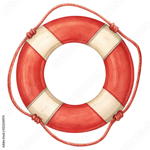 Watercolor Lifebuoy Illustration Red and White Life Ring Isolated on Transparent Background, Nautical, Summer, life preserver, maritime, safety