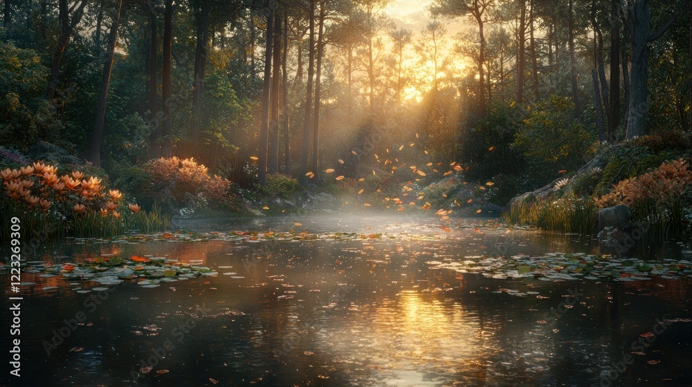 Fototapeta premium Autumn forest pond sunset, leaves falling, misty, serene landscape