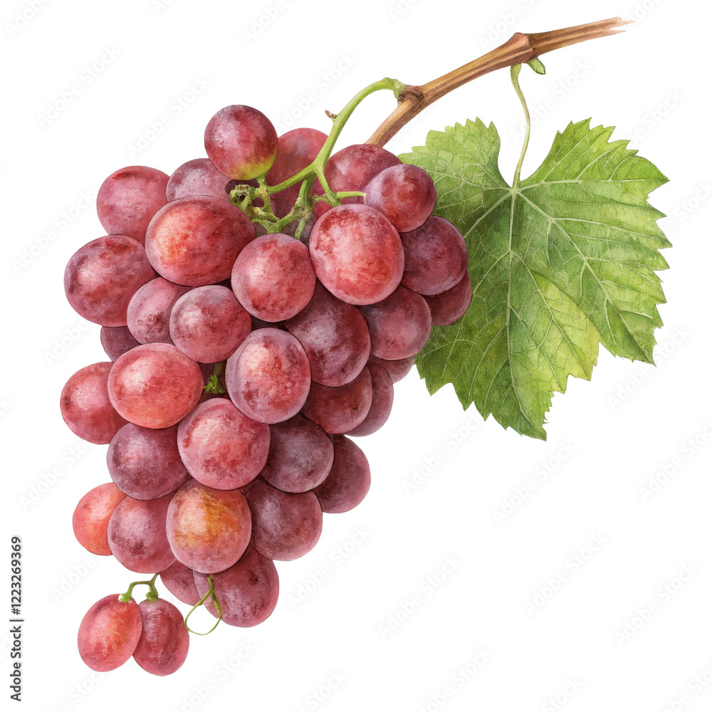 Fototapeta premium Watercolor Red Grape Bunch with Leaf, Isolated on Transparent Background, Fruit Illustration, Vine, Grapes, Watercolor, Illustration