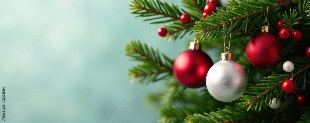 Red and white ornaments adorned on a lush green evergreen branch with matching berries, red, berries, white Red and white ornaments adorned on a lush green evergreen branch with matching berries, red, berries, white
