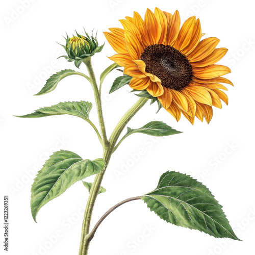 Watercolor Sunflower Illustration Single Stem, Bud, Isolated on Transparent Background, Botanical Art, Sunflower, Botanical illustration, Watercolor painting