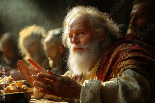 a first-century depiction of an old man sitting at a dinner table of thanksgiving photo