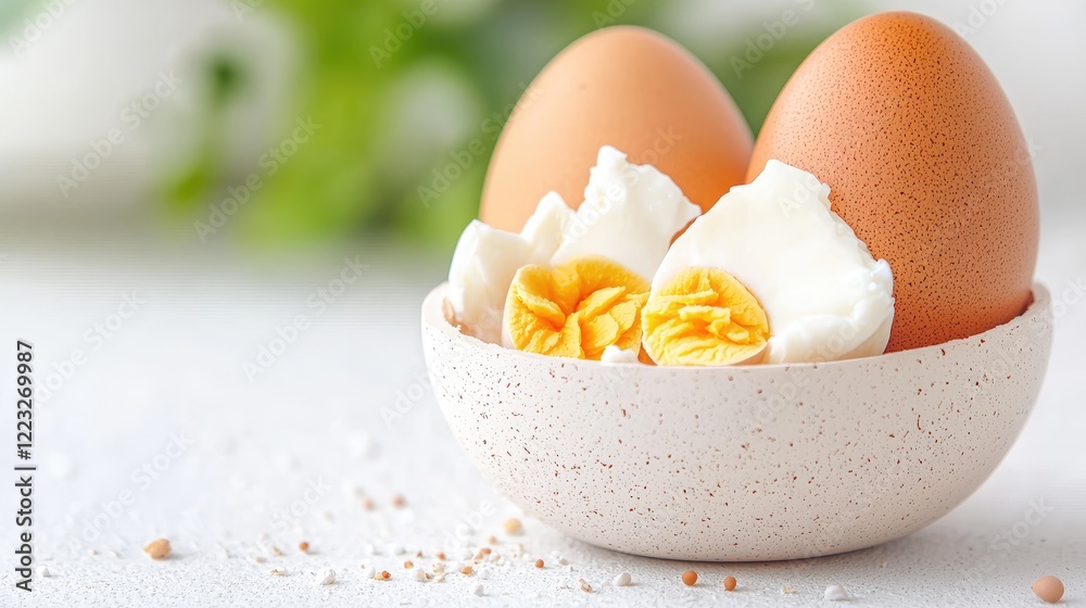 Soft-boiled eggs in bowl, healthy breakfast, kitchen setting Soft-boiled eggs in bowl, healthy breakfast, kitchen setting
