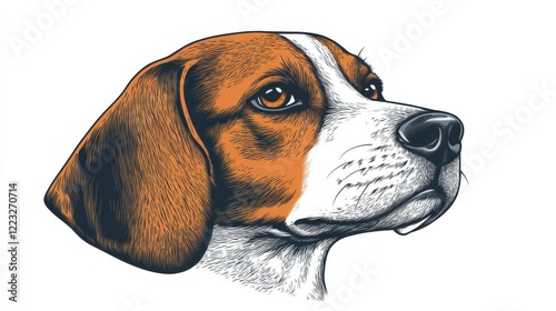 Detailed portrait of a beagle dog with expressive eyes and tri-color fur on white background photo