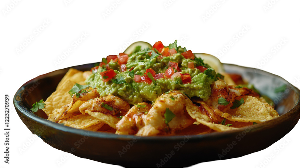 Golden Tortilla Chips with Guacamole Isolated on Transparent or blank Background, PNG Golden Tortilla Chips with Guacamole Isolated on Transparent or blank Background, PNG