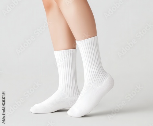 Socks Mockup Concept. Cozy white socks worn by a person, showcasing a textured knit design and a relaxed style. photo