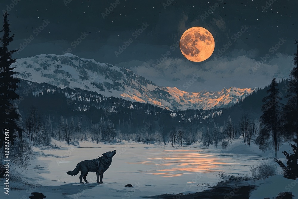 Lone Wolf Howls Beneath a Winter Moonlit Sky Lone Wolf Howls Beneath a Winter Moonlit Sky