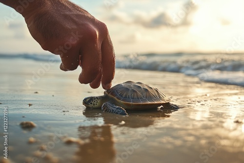 A touching moment captured as a conservationist releases a rehabilitated sea turtle back into the ocean, its shell gleaming under the midday sun photo