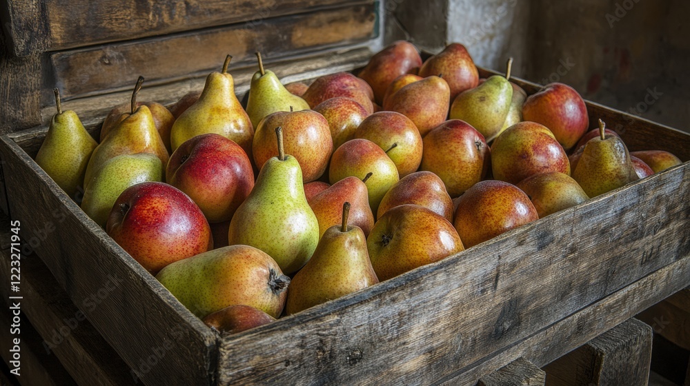Freshly Harvested Apples and Pears in Wooden Basket Freshly Harvested Apples and Pears in Wooden Basket