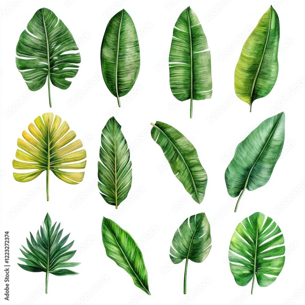 Obraz premium Tropical leaves watercolor illustration, design elements, white background, nature