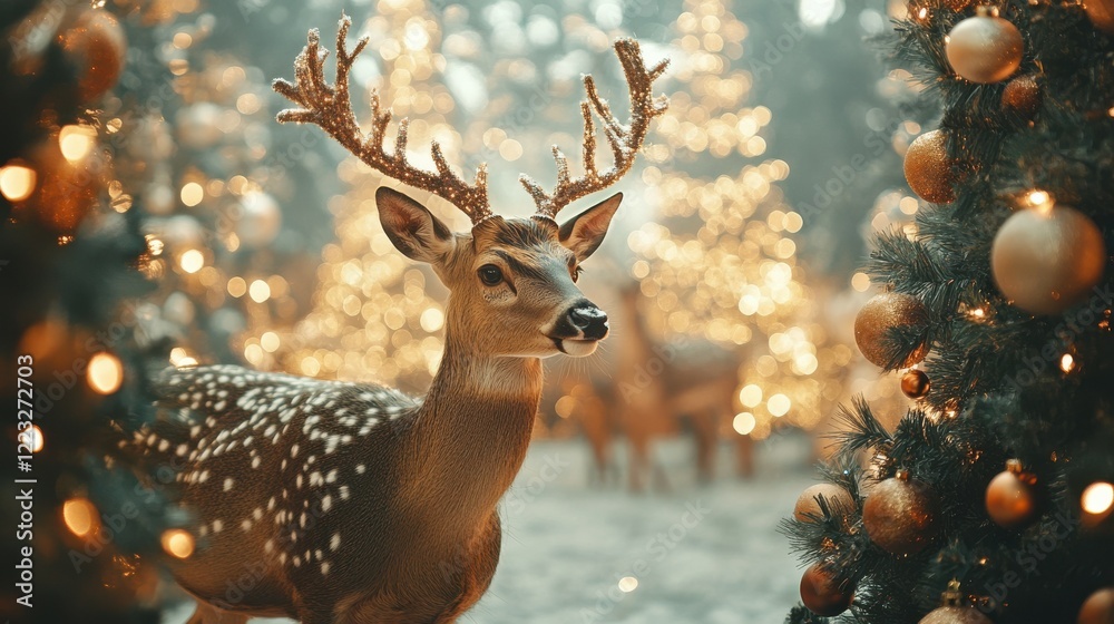Majestic deer in enchanting snowy forest with glittering lights Majestic deer in enchanting snowy forest with glittering lights