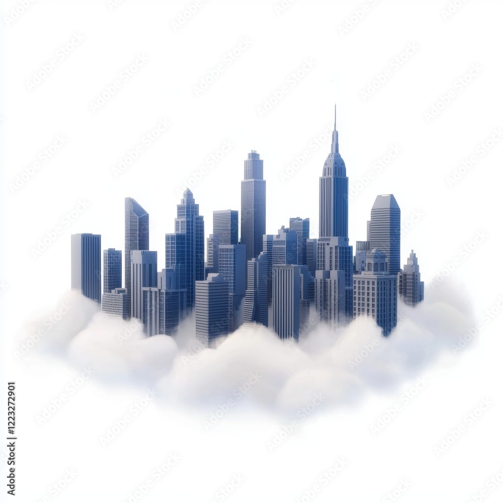 Fototapeta premium 3D icon cartoon smog-covered city skyline with barely visible buildings isolated on a white background --quality 2