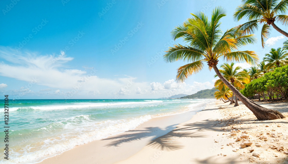 Obraz premium Palm trees swaying on a sunny beach, tropical relaxation