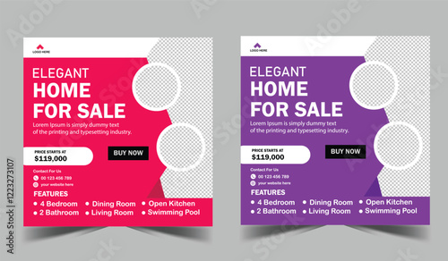 Real estate social media post template design. Modern home sale flyer with logo, icon and abstract background for business marketing