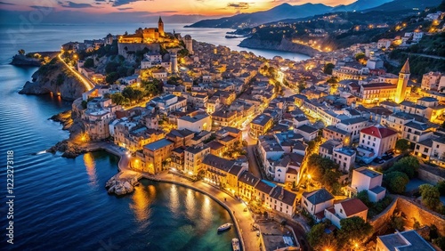 aerial view of coastal city at night in mountains with narrow streets