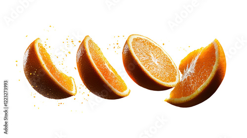 Flying Slices of Fresh Oranges with Zest in Mid-Air Isolated on Transparent or blank Background, PNG photo