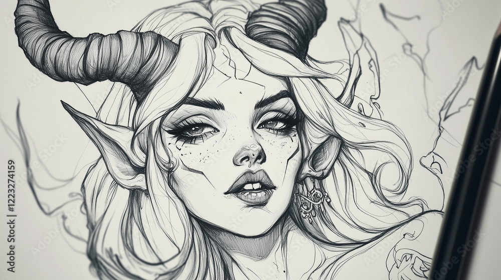 Fototapeta premium Black and white image of a drawn demoness with a pencil lying next to her.