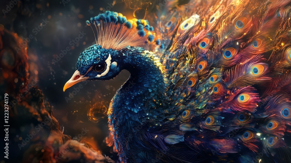 Vibrant peacock displaying colorful iridescent plumage in mystical light Vibrant peacock displaying colorful iridescent plumage in mystical light