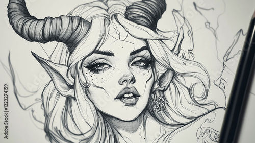 Black and white image of a drawn demoness with a pencil lying next to her.