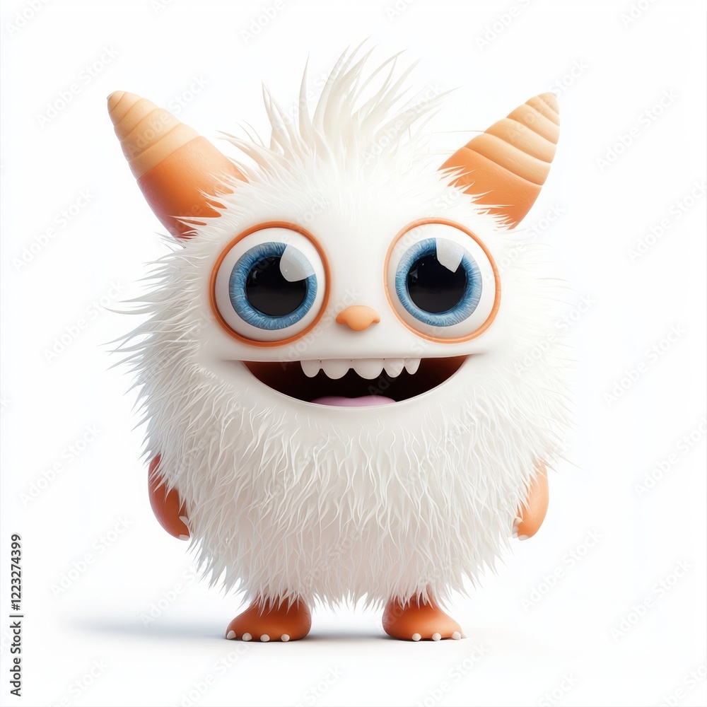 3D icon cartoon of a fluffy monster with big round eyes and a cheerful grin, isolated on a white background 3D icon cartoon of a fluffy monster with big round eyes and a cheerful grin, isolated on a white background