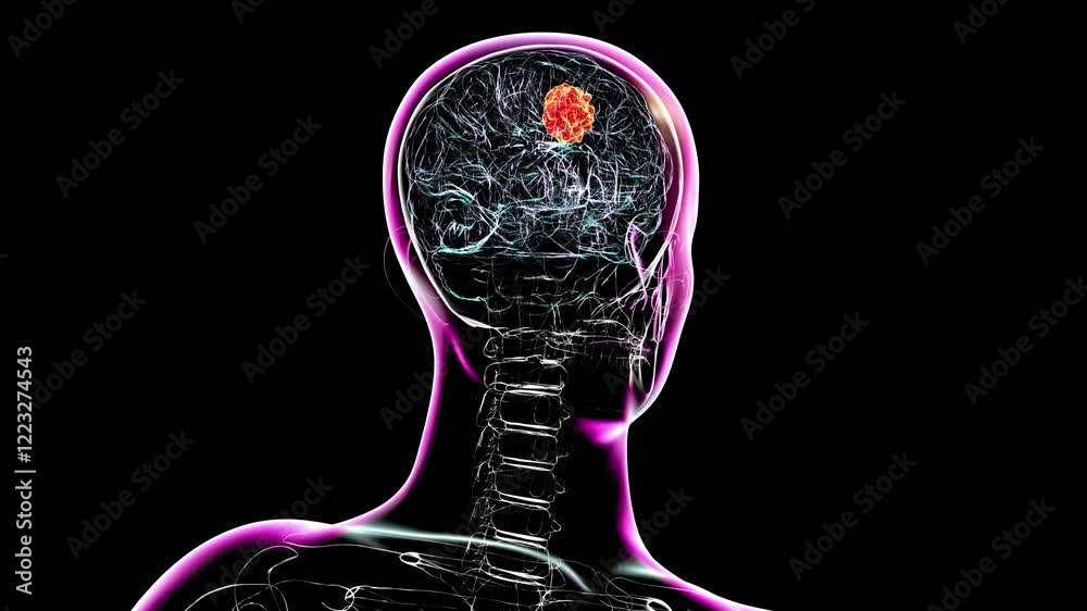A brain tumor, 3D animation highlighting its location and structure ...
