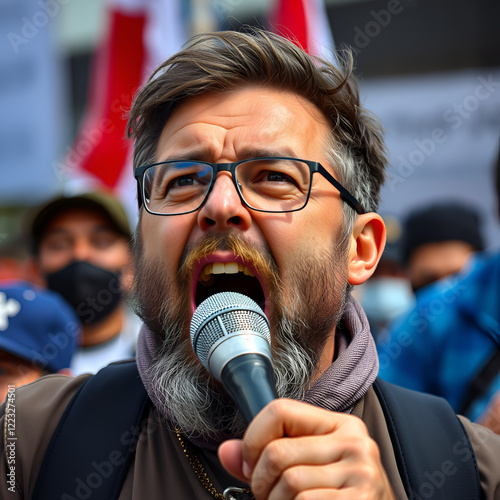 Portrait of man shouting during protest photo