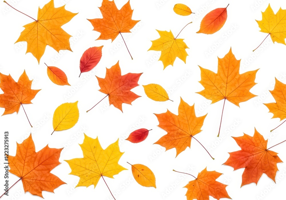 A vibrant and dynamic composition of autumn leaves in shades of orange, yellow and red A vibrant and dynamic composition of autumn leaves in shades of orange, yellow and red