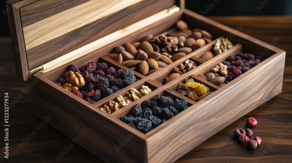 Premium dried fruit and nut set in a sturdy wooden box with a vintage sliding lid design. Premium dried fruit and nut set in a sturdy wooden box with a vintage sliding lid design.