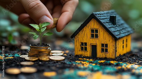 A miniature house sits on dark soil next to a stack of coins topped with a small plant