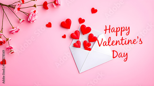 Mockup of Valentine's Day greeting card template featuring a white card, pink envelope, and red hearts on pink background with copy space. Romantic love couples anniversary honeymoon wallpaper