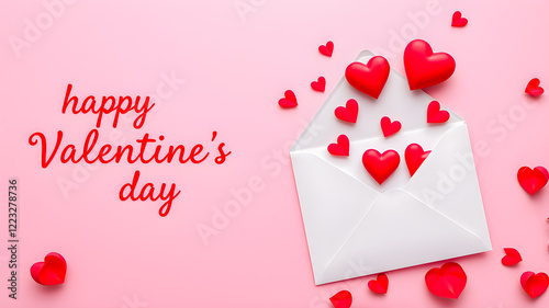 Mockup of Valentine's Day greeting card template featuring a white card, pink envelope, and red hearts on pink background with copy space. Romantic love couples anniversary honeymoon wallpaper