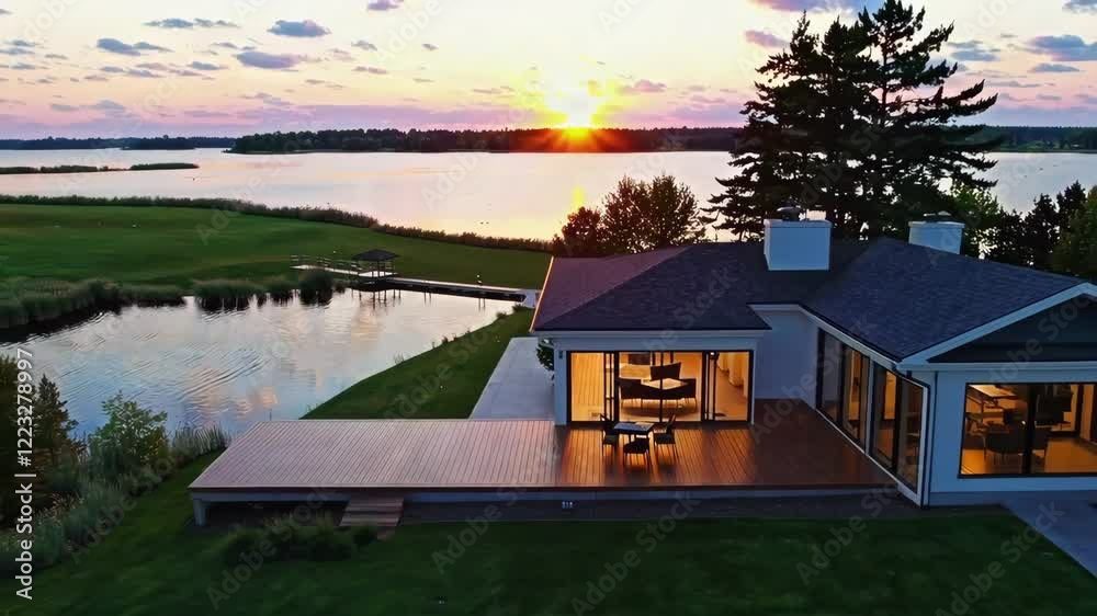 Scenic Sunset Footage Over Calm Lake and Modern House