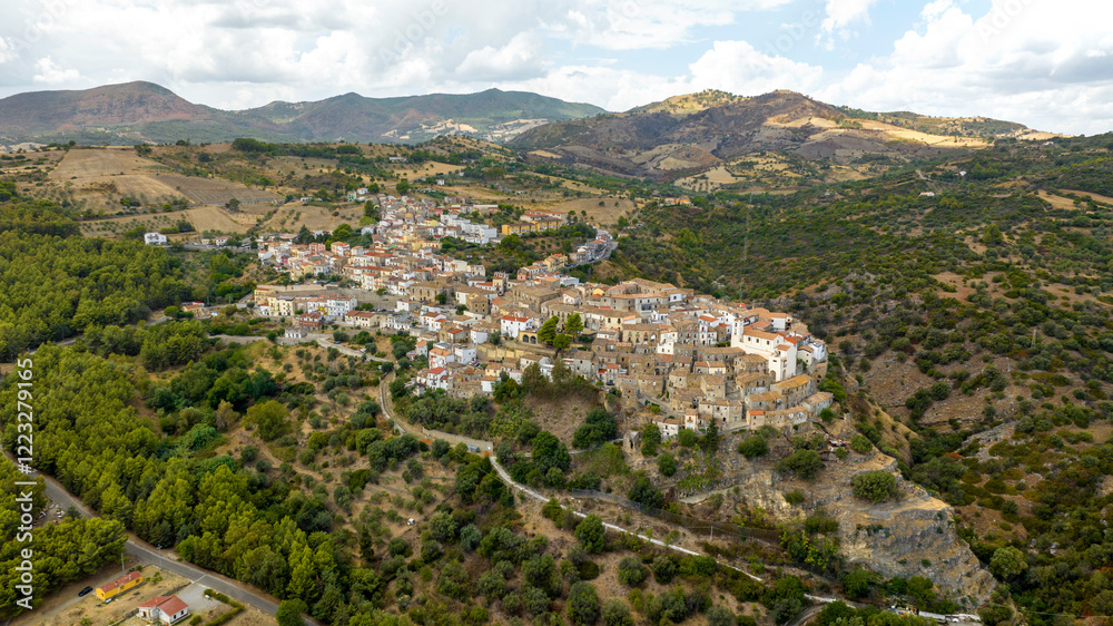 Fototapeta premium Aerial view of the town of Nova Siri located on a hill in Basilicata, Italy. 